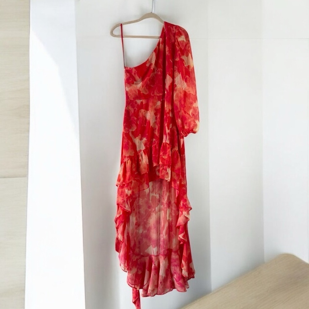 NWT Gianni Bini Pink and Orange Floral One Shoulder High Low Maxi Dress Size 4